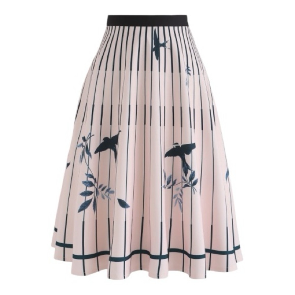 le palais vintage Birds Print Stripes A-Line Midi Skirt - Picture 2 of 5